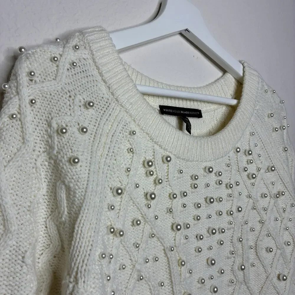 White House Black Market Cream Cable Knit Pearl Embellished Sweater XS - Picture 3 of 10